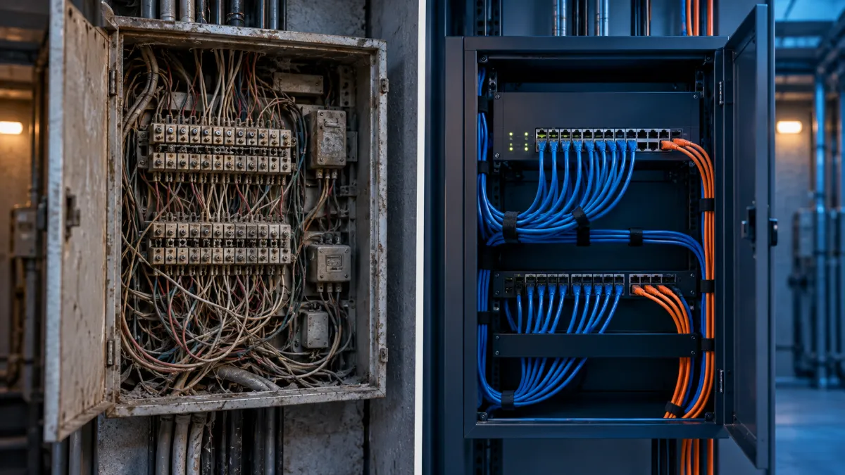 Comparação entre central de interfonia analógica antiga e rack de rede IP organizado