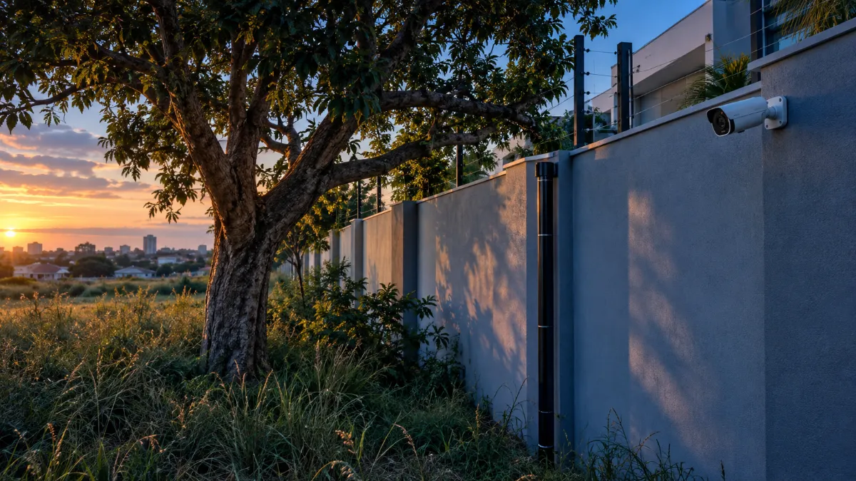 Ponto vulnerável: árvore junto ao muro do condomínio coberta por sensor e câmera