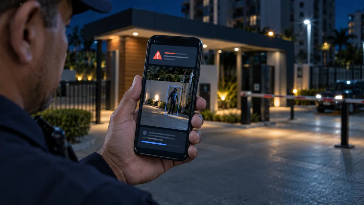 Zelador recebendo alerta de invasão no celular com imagem da câmera