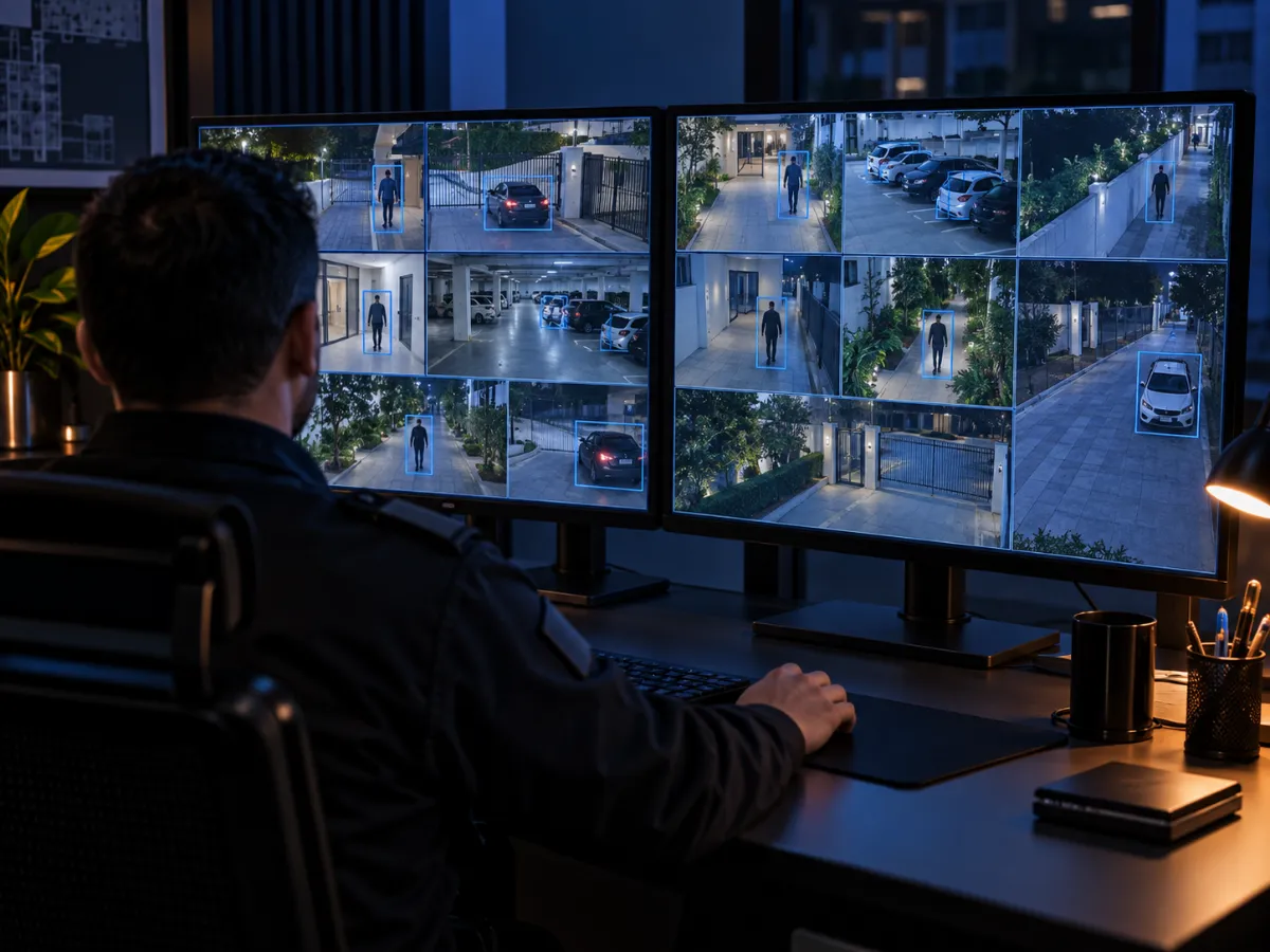 Central de monitoramento com câmeras de segurança e vídeo analítico