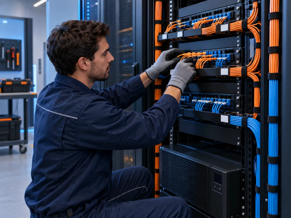 Técnico da Segmind realizando instalação elétrica e de fibra óptica