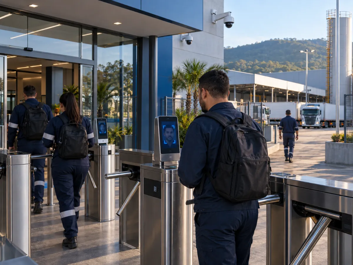 Empresa com controle de acesso e câmeras de segurança na recepção